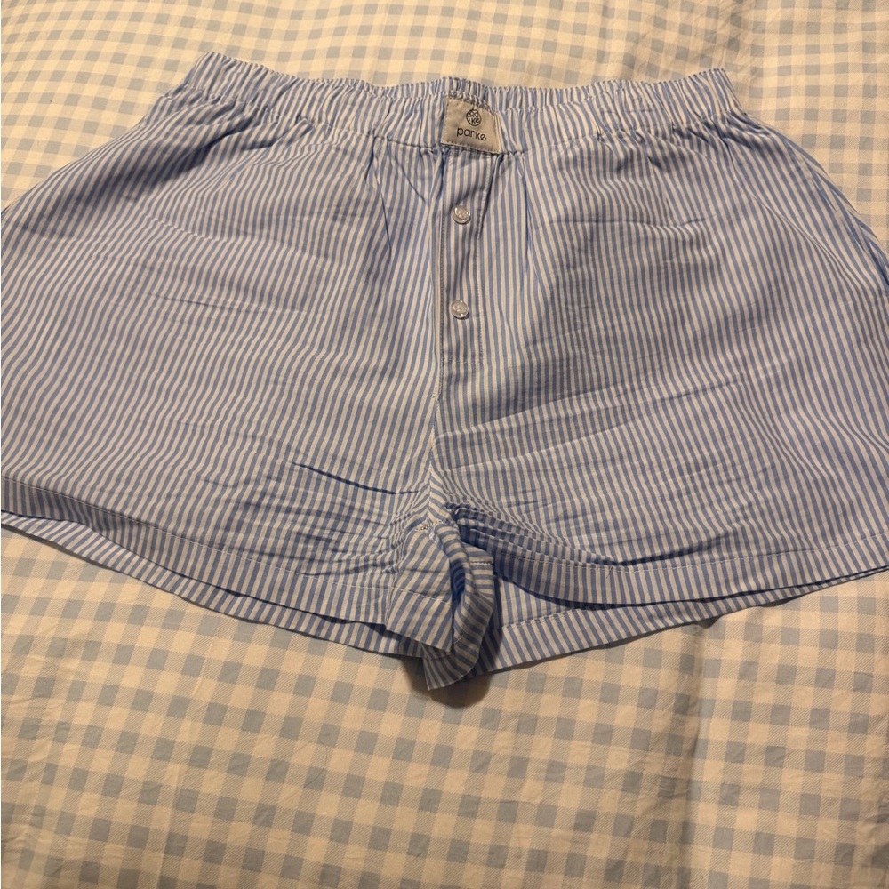 Light Blue Stripe Elastic-Waist Cotton Shorts by Parke